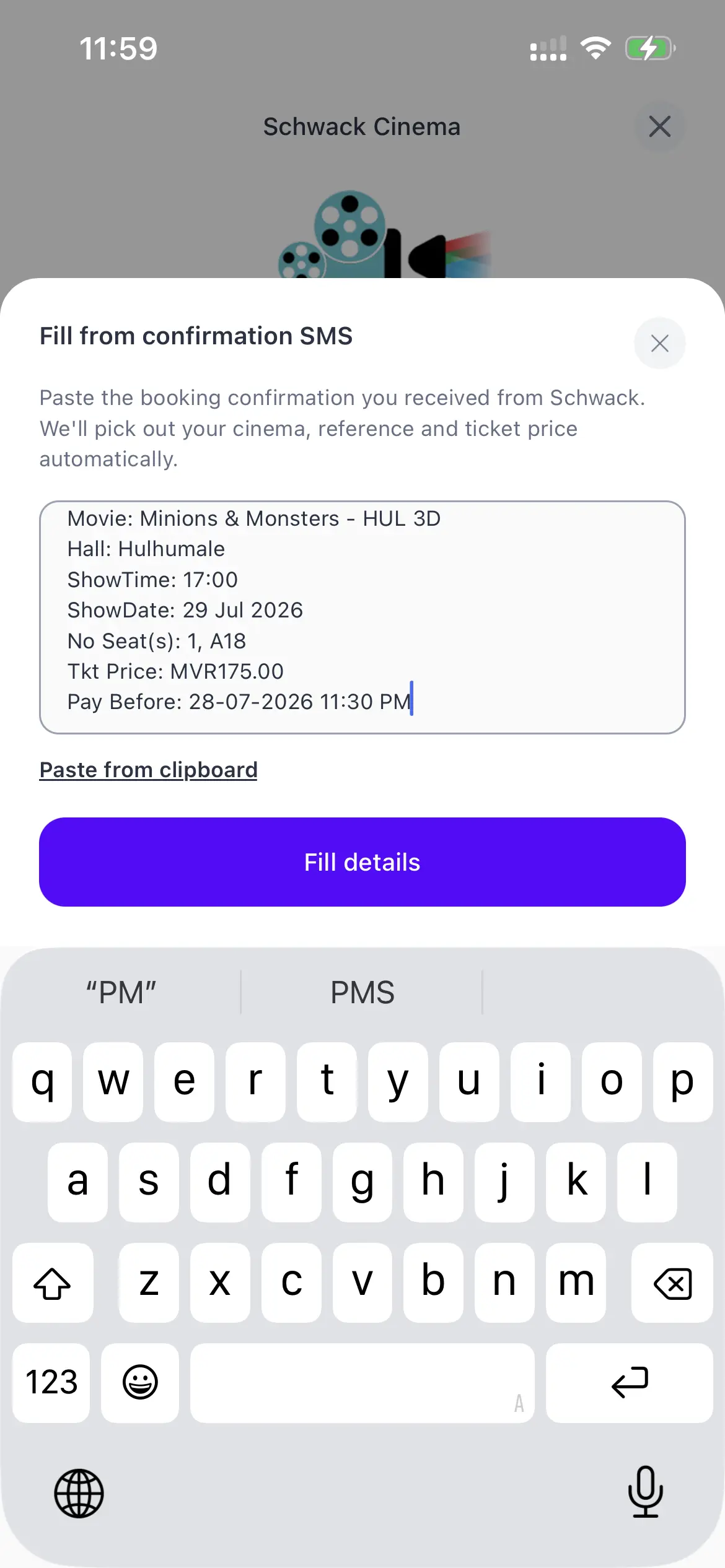 Paste the Schwack booking SMS and tap Fill details.