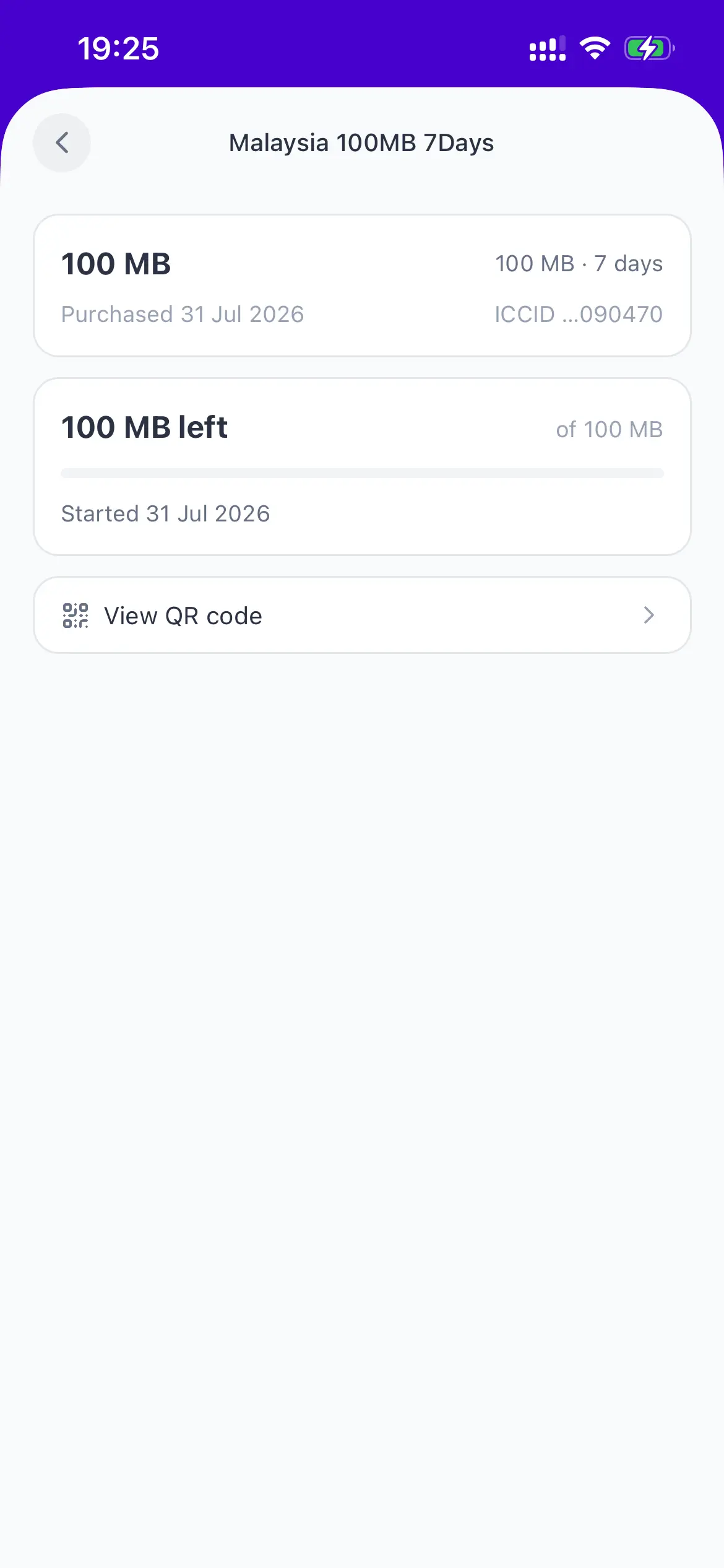 A purchased eSIM in the Payer app, showing data remaining and the QR code option