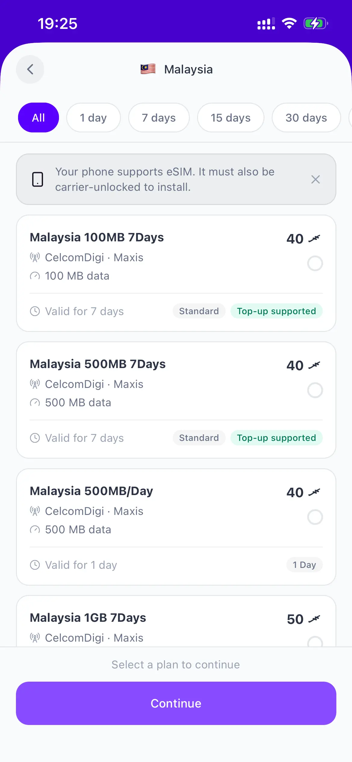 Plans for Malaysia in the Payer app, each showing its data, validity, networks and price