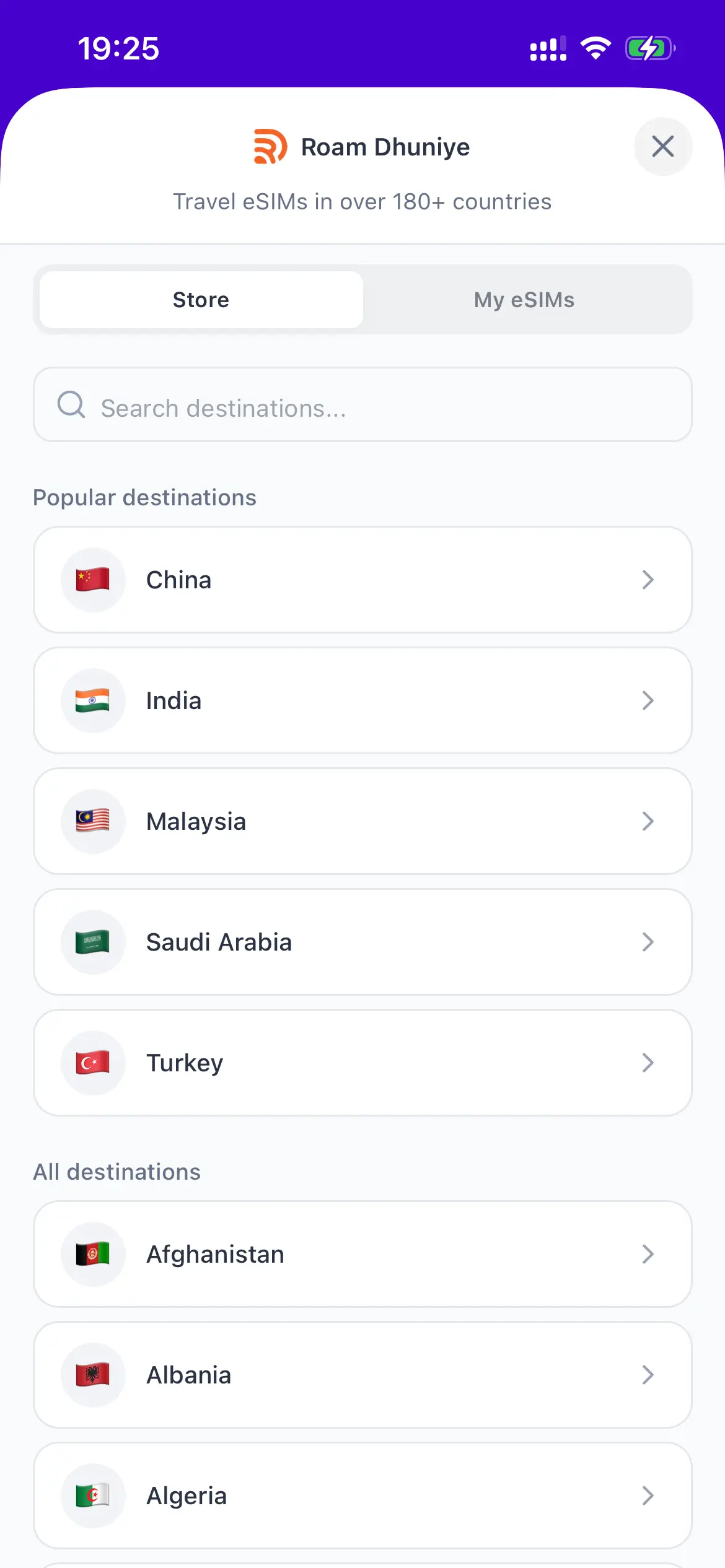 The Roam Dhuniye eSIM store in the Payer app, listing popular destinations
